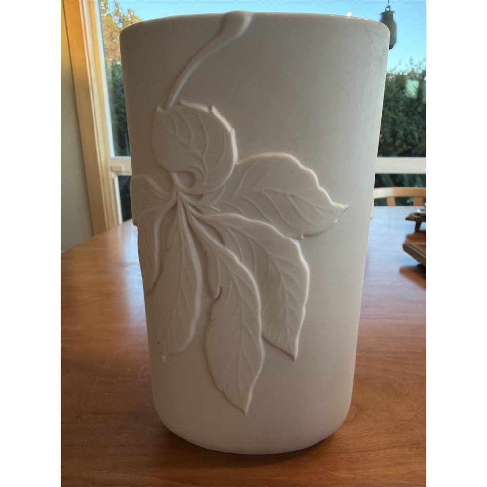 Thomas Germany White Bisque Porcelain Leaf‎ Relief Vase 8" Mid Century